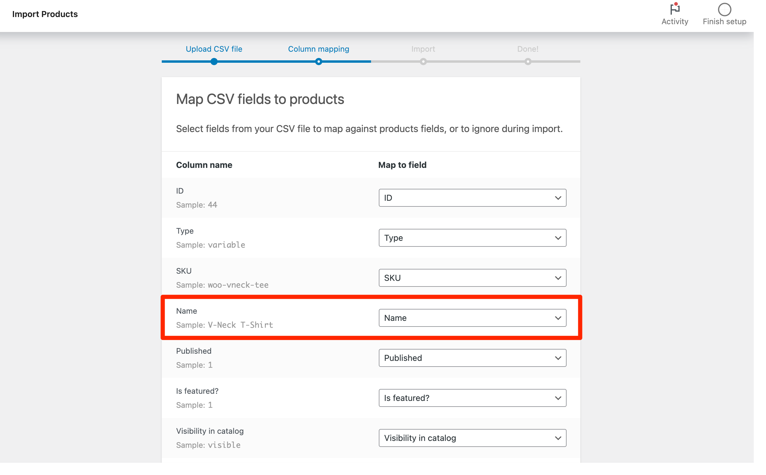 Map CSV fields to WooCommerce products
