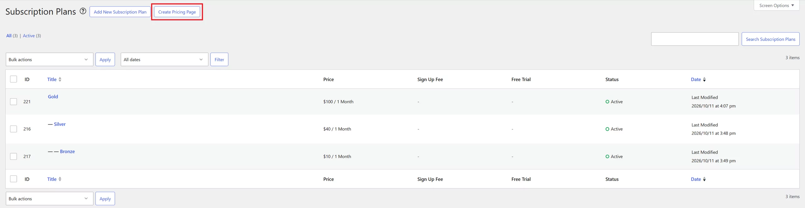 Showcasing the Create Pricing Page button