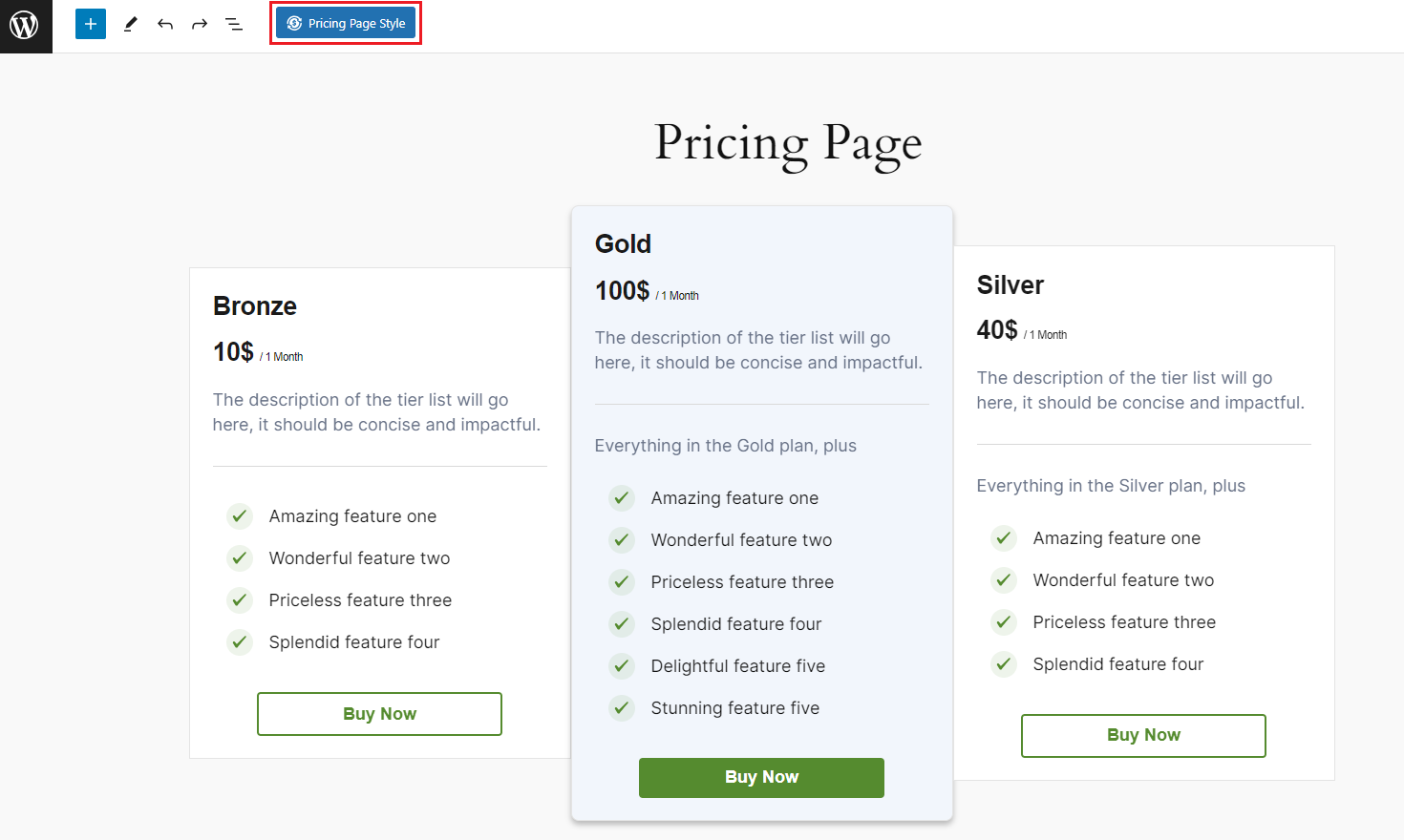 Editing the Pricing page style