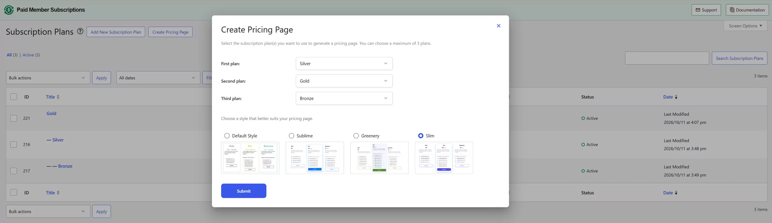Pricing page options