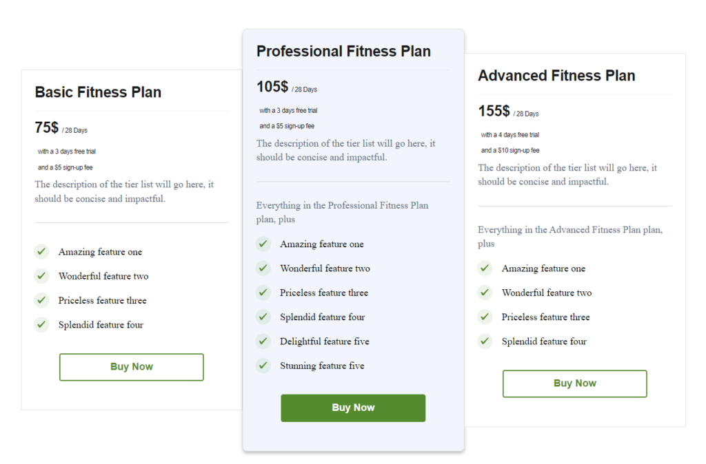 Pricing table preview