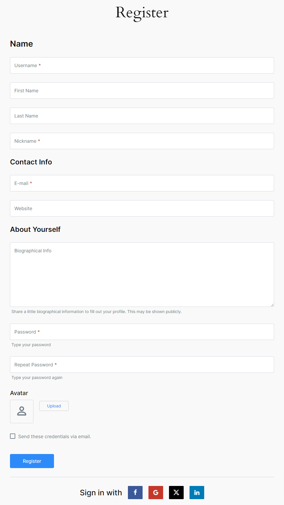 Profile Builder Pro - Social Connect - General Settings - Register Form
