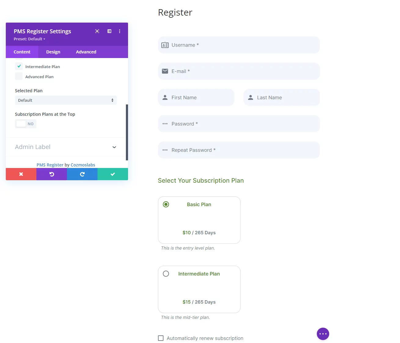 Registration form