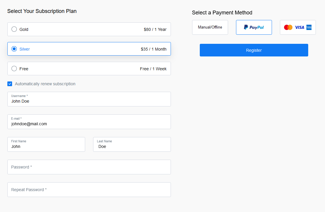 Changes made to the front-end Registration form
