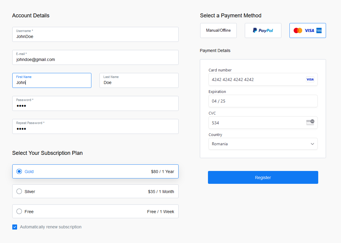 The front-end Registration form