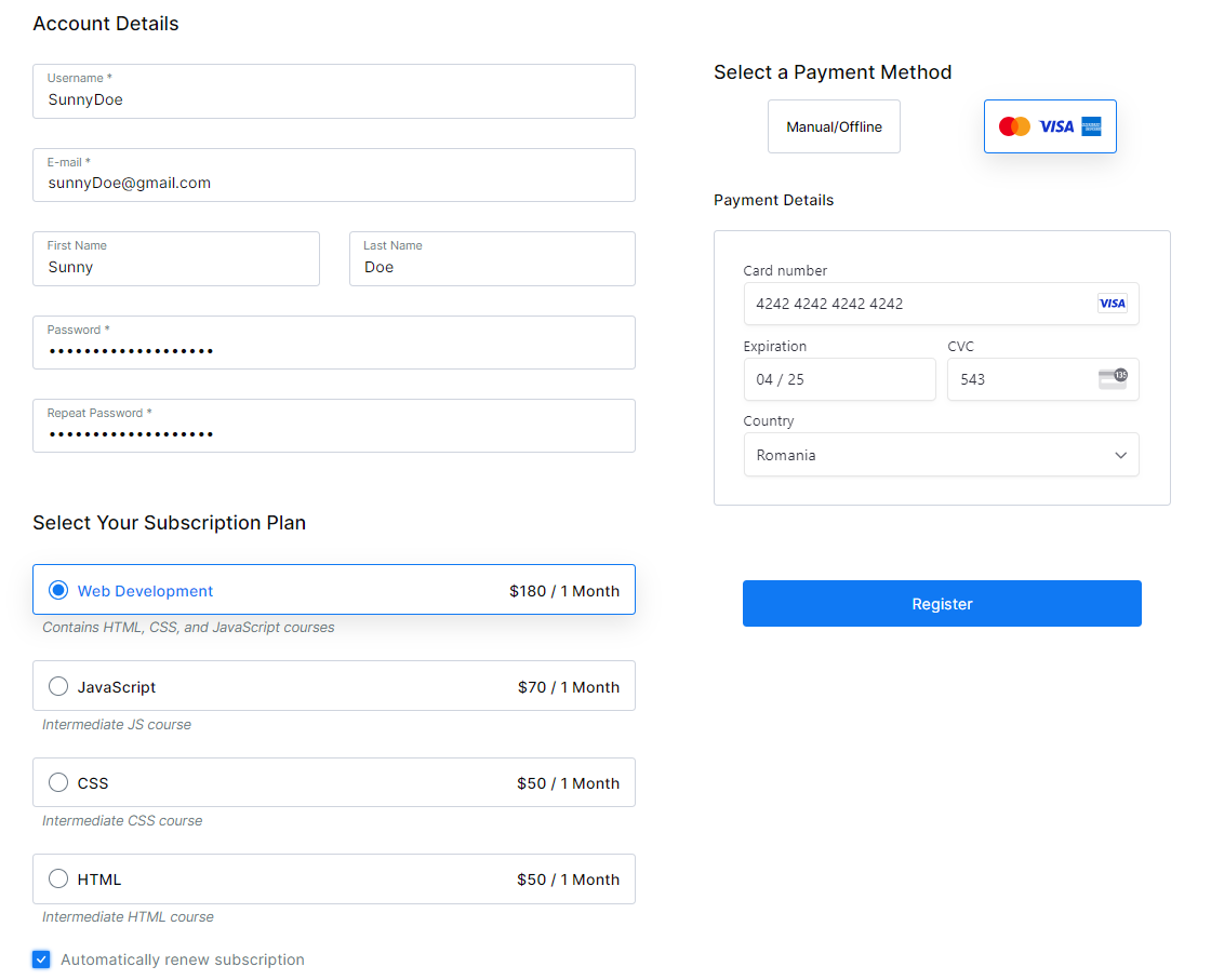 Registration form