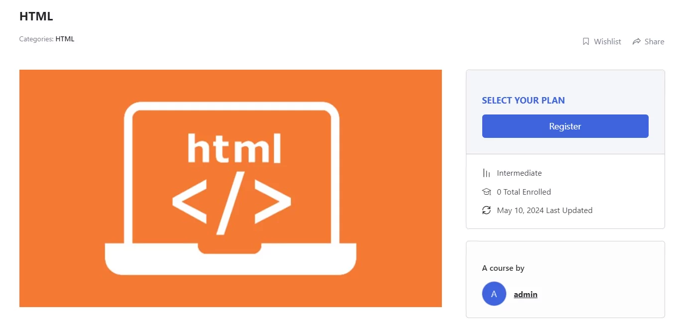 HTML course displayed
