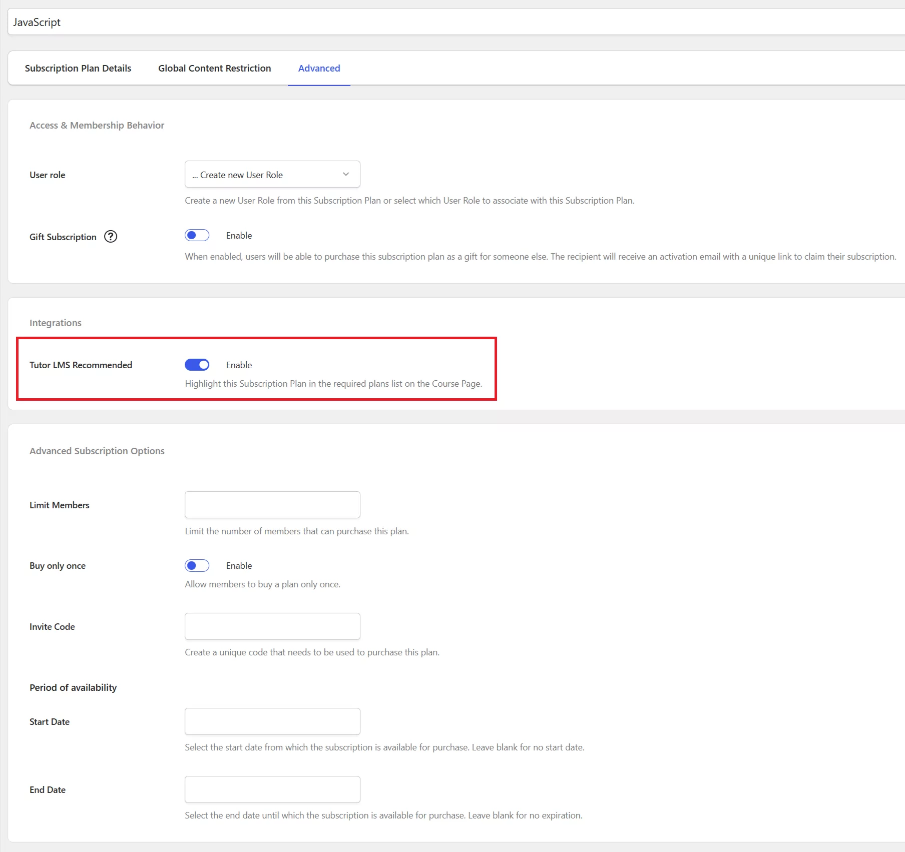Tutor LMS Recommended Subscription plan setting