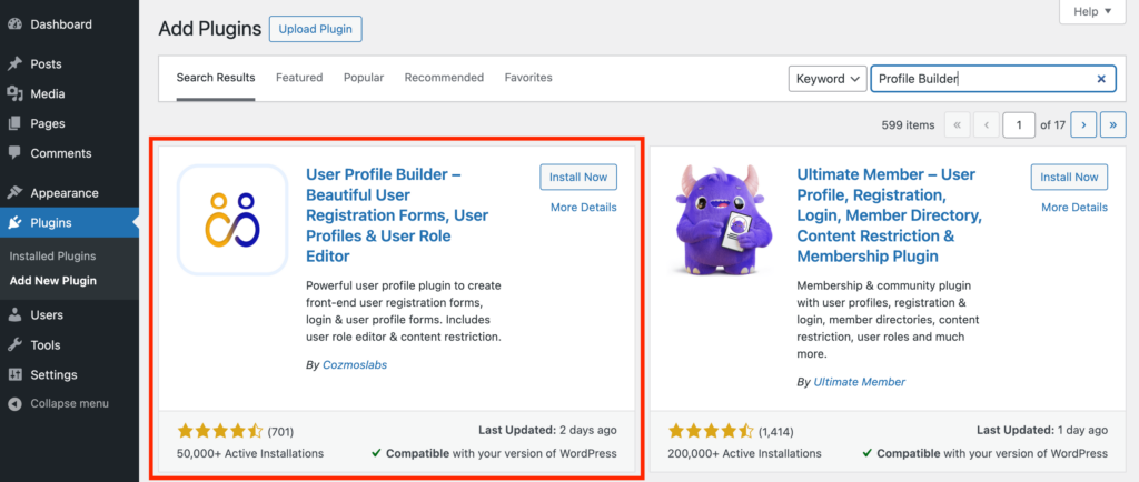 Installing the free Profile Builder plugin in the WordPress dashboard