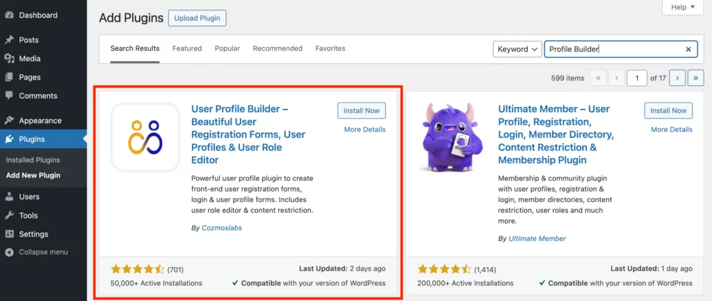 Installing the free Profile Builder plugin in the WordPress dashboard