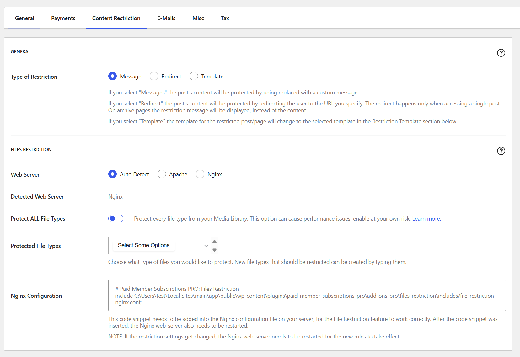 PMS File Restriction Settings