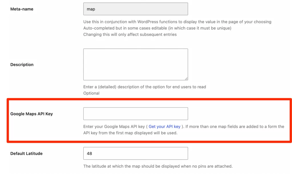 Enter the Google Map's API key to generate a user map in WordPress