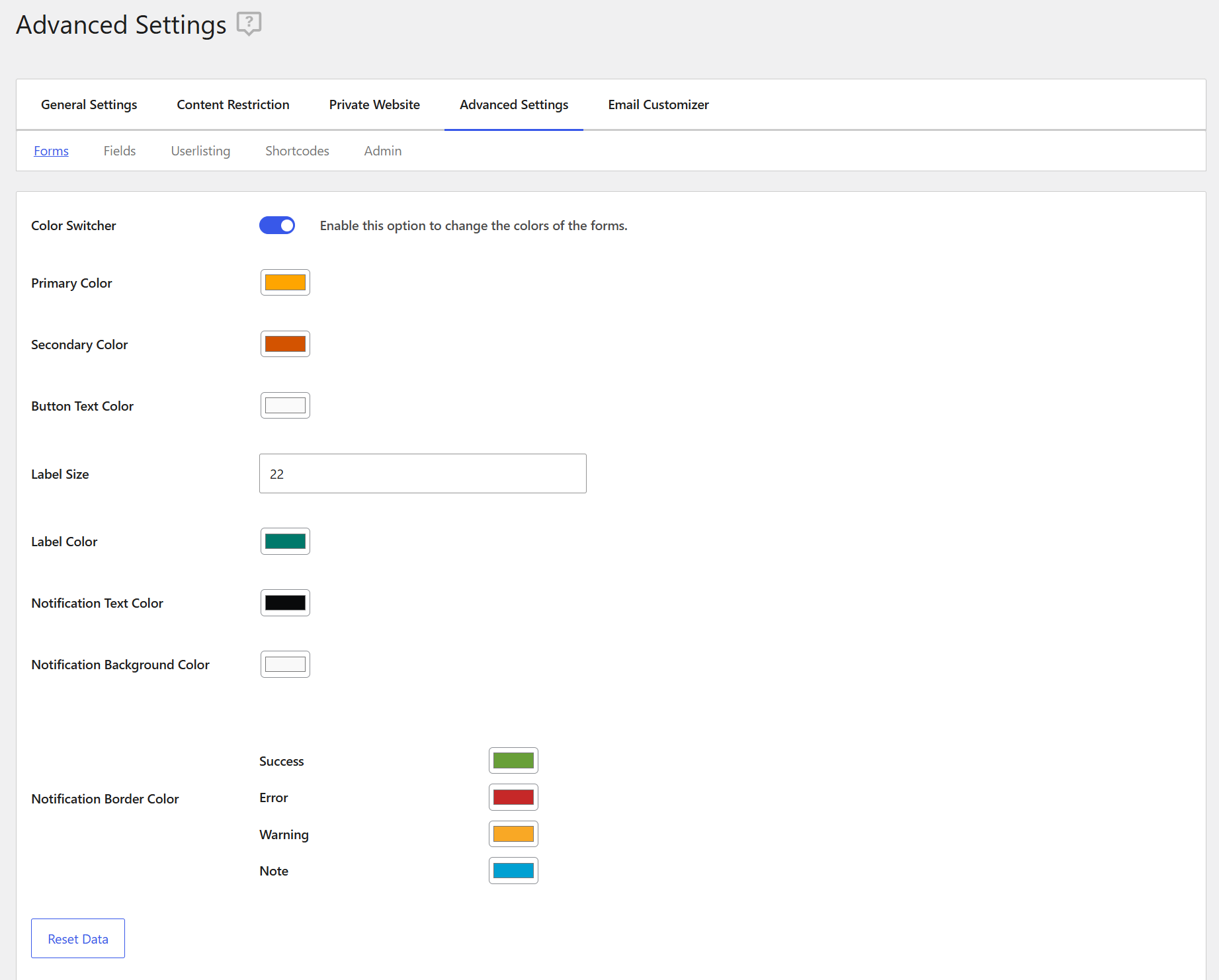 Profile Builder Advances Settings Color Switcher Example Settings Back End