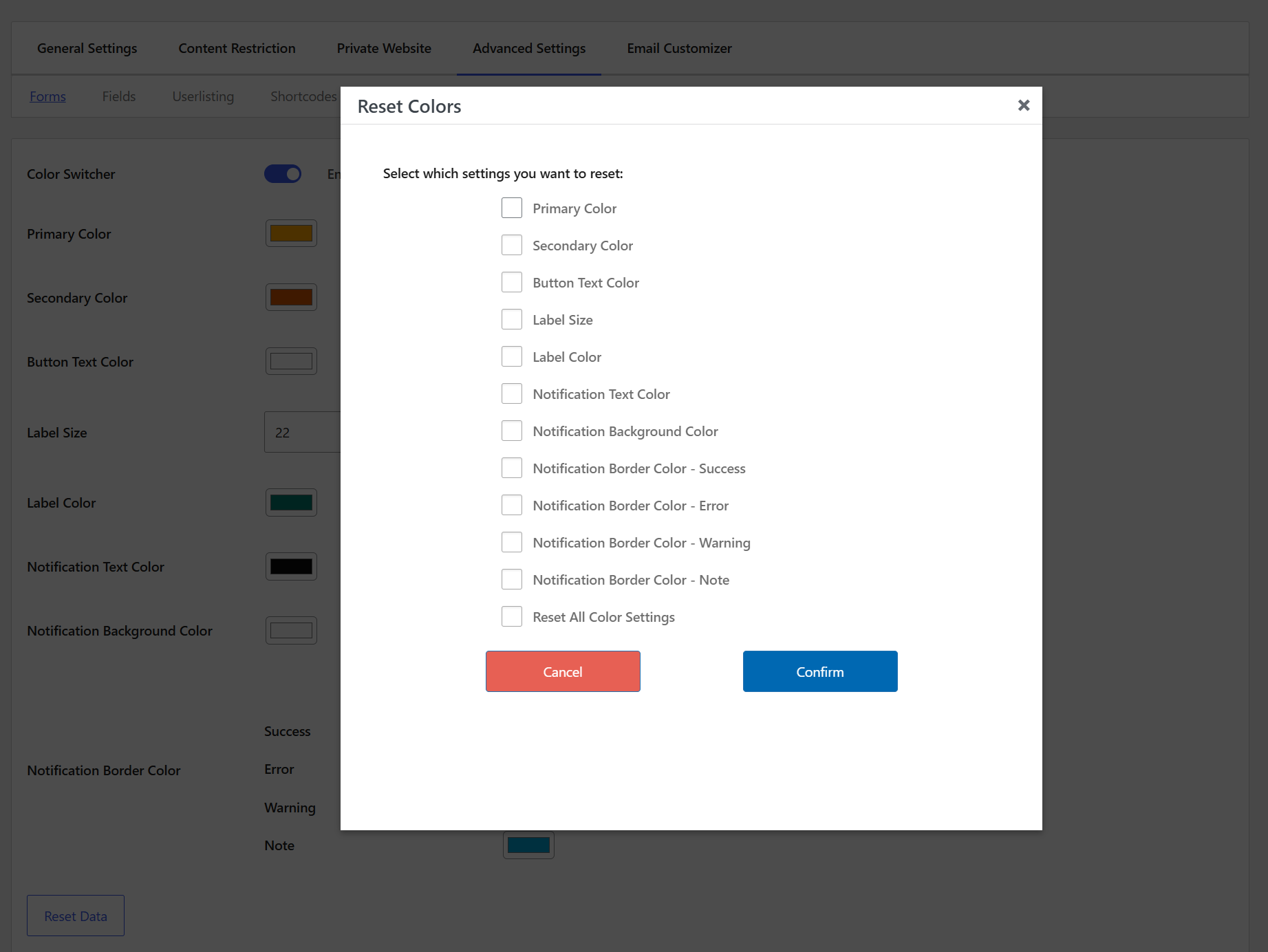 Profile Builder Advances Settings Forms Color Switcher Reset Colors