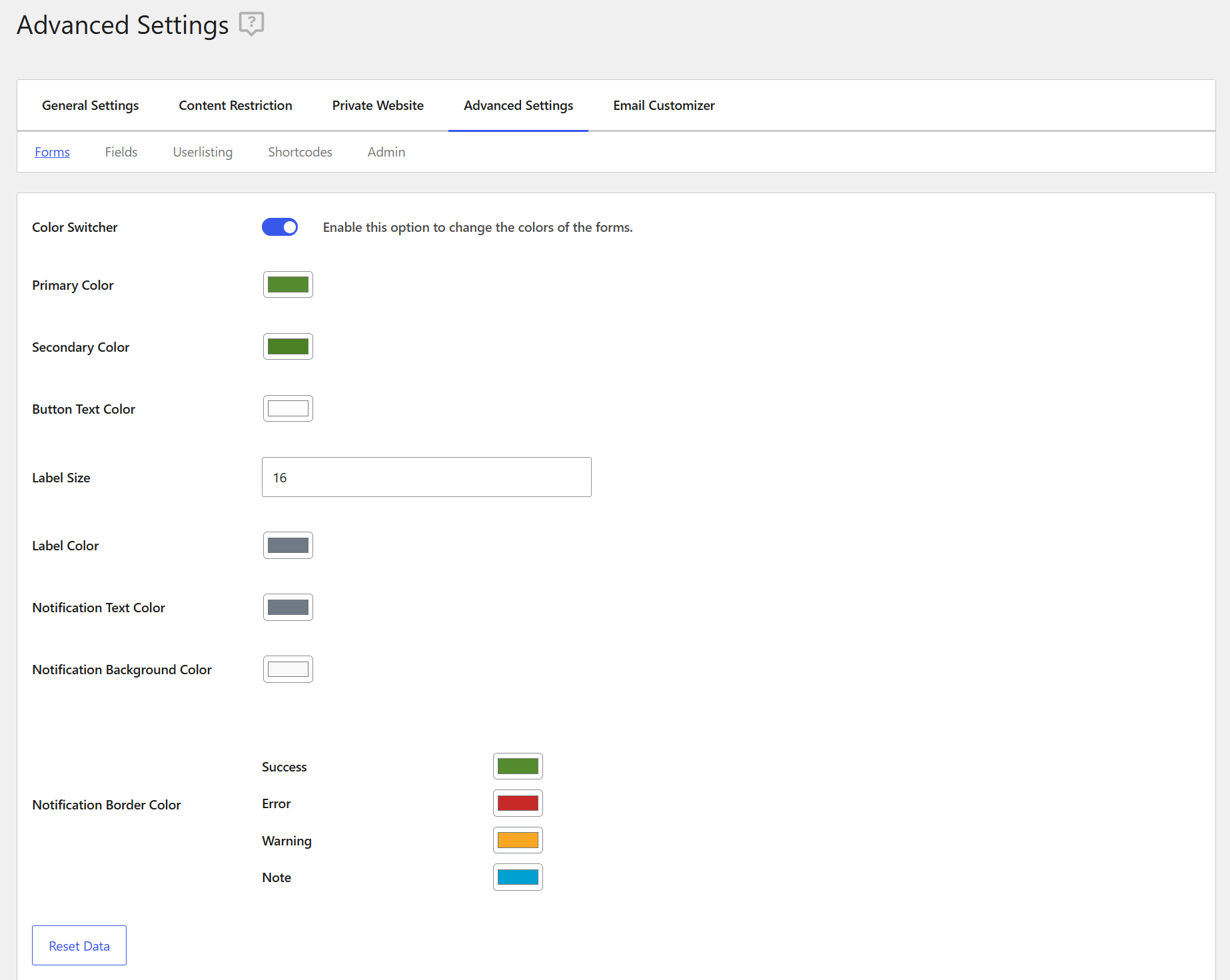 Profile Builder Advances Settings Forms Color Switcher
