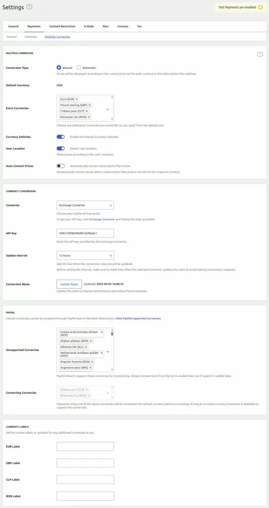 Multiple currencies settings