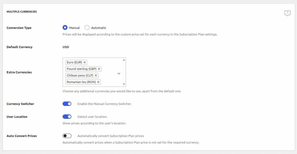 multiple currencies part of settings
