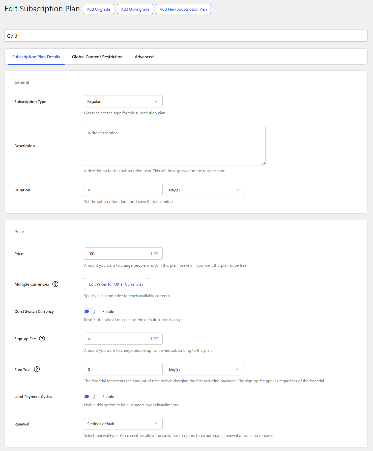 Multiple Currencies Settings - Subscription Plan settings
