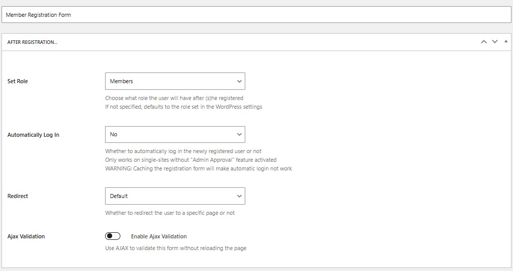 Member registration form settings