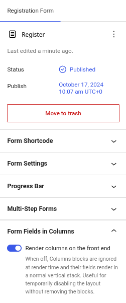 Form fields in columns modern editor settings