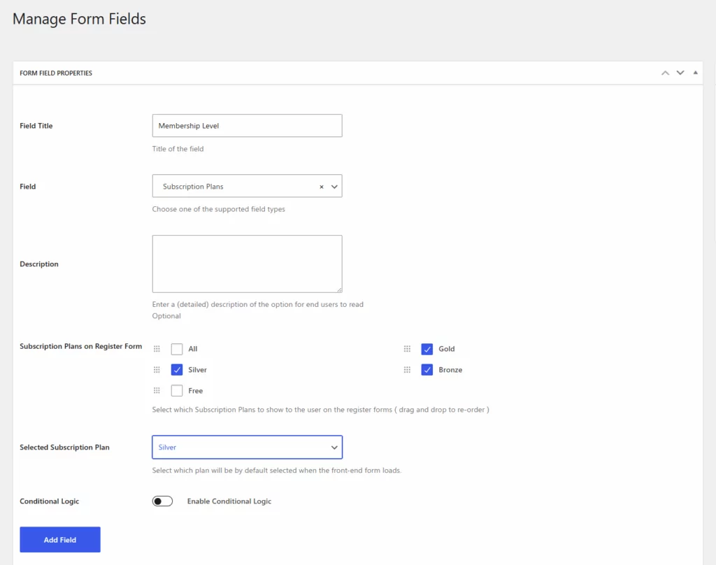 Select what subscription plans are displayed in the registration form