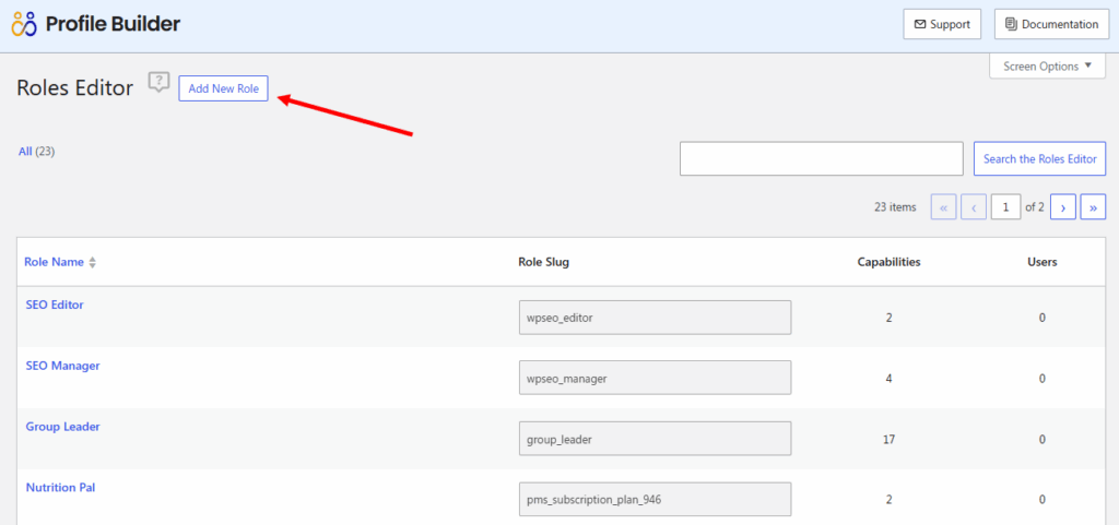 Add new user role button