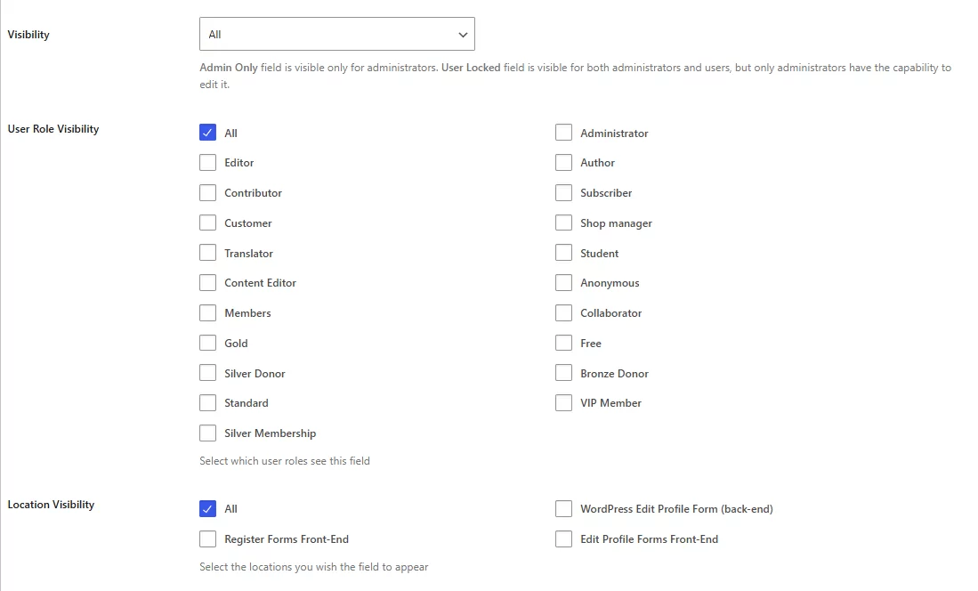 field visibility in profile builder settings
