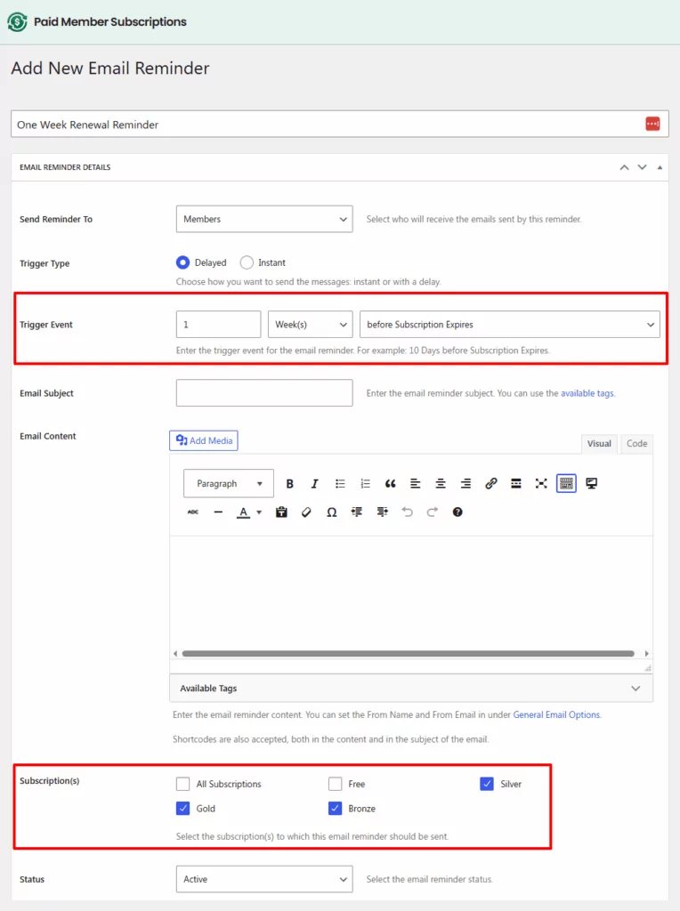 Email Reminder Settings