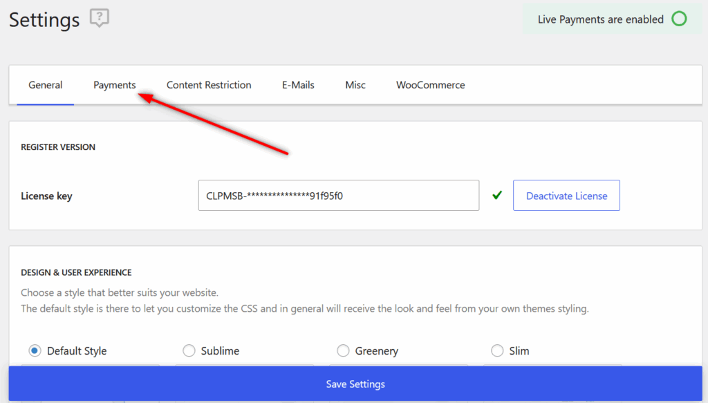 Payments tab in Paid Member Subscriptions