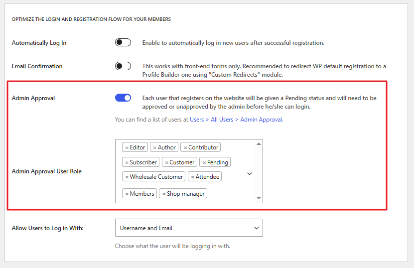 Admin approval settings