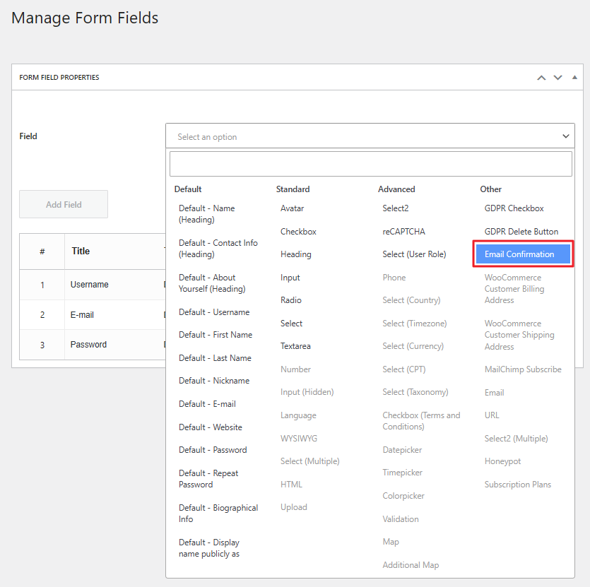 Email confirmation field