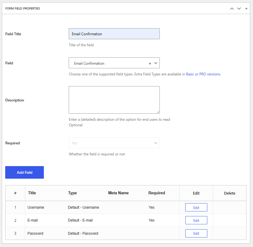 Email Confirmation settings