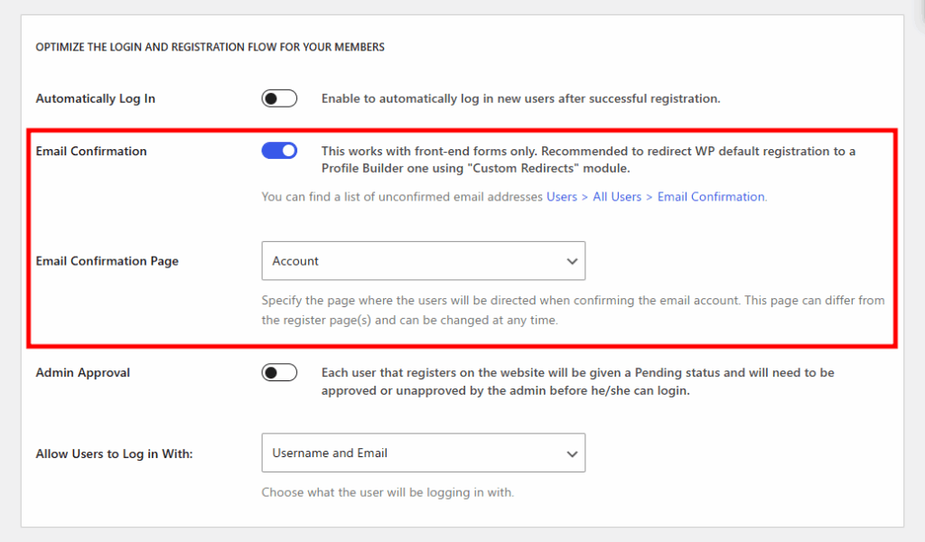 Email verification settings