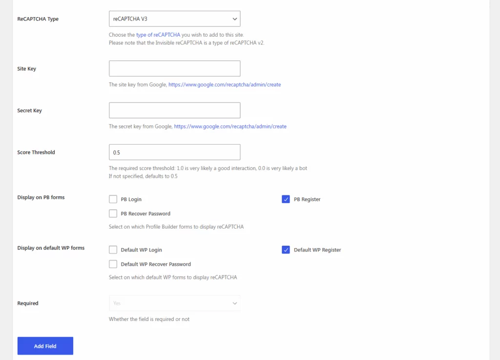 reCAPTCHA field settings in Profile Builder