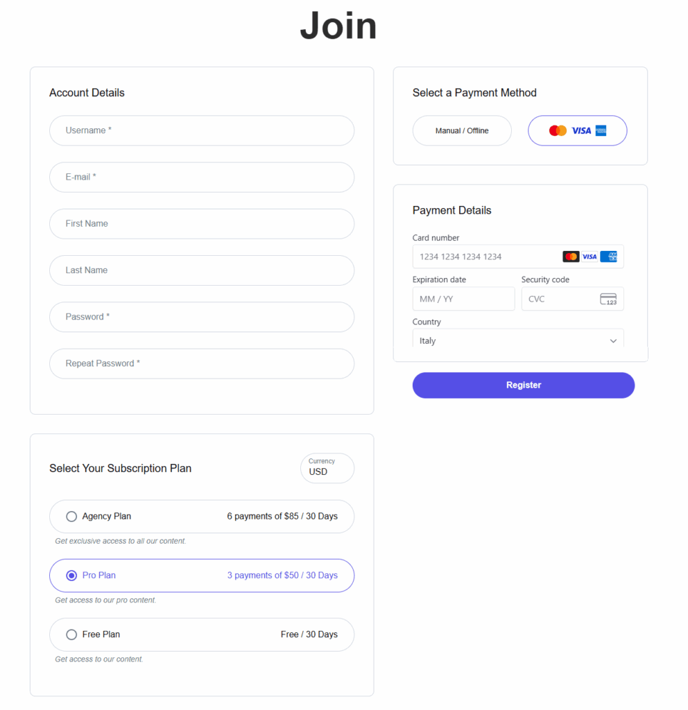 Paid Member Subscriptions registration form with multiple currencies plans
