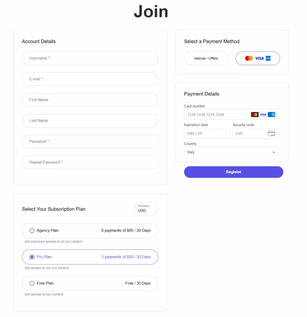 Paid Member Subscriptions registration form with multiple currencies plans