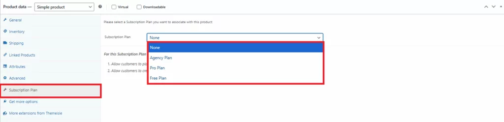 link WordPress subscription plan to WooCommmerce product