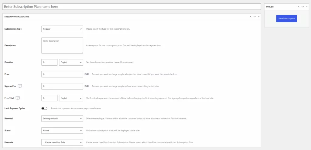create a new subscription plan in WordPress