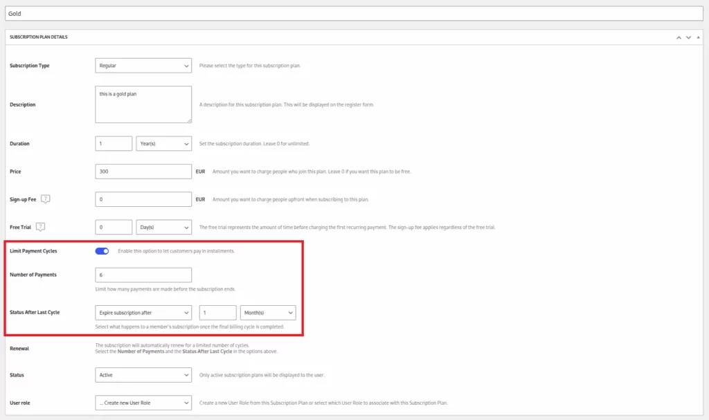 limit payment cycles in a subscription plan