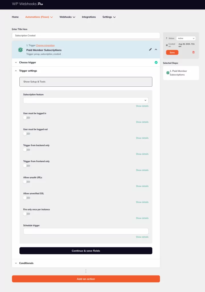 automations flows paid member subscriptions trigger settings