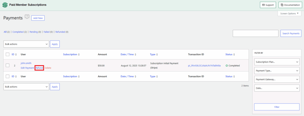 refund a subscription in the payments tab of paid member subscriptions