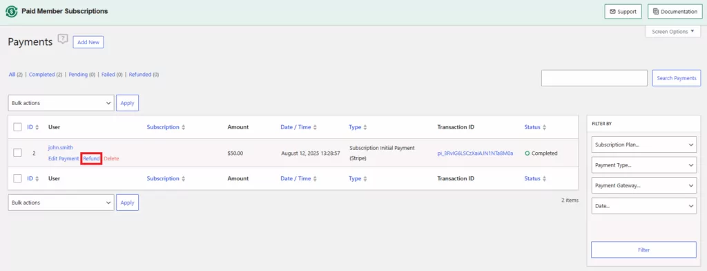 refund a subscription in the payments tab of paid member subscriptions