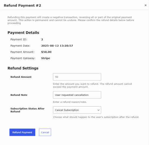 refund a subscription payment in paid member subscriptions