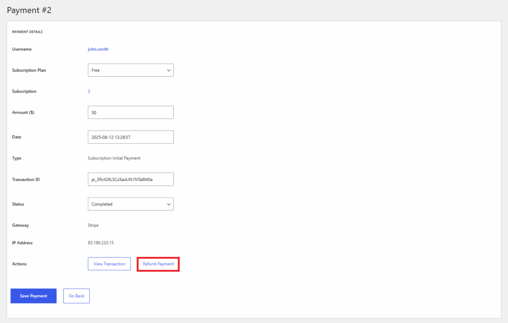 refund a subscription payment from an individual payment page
