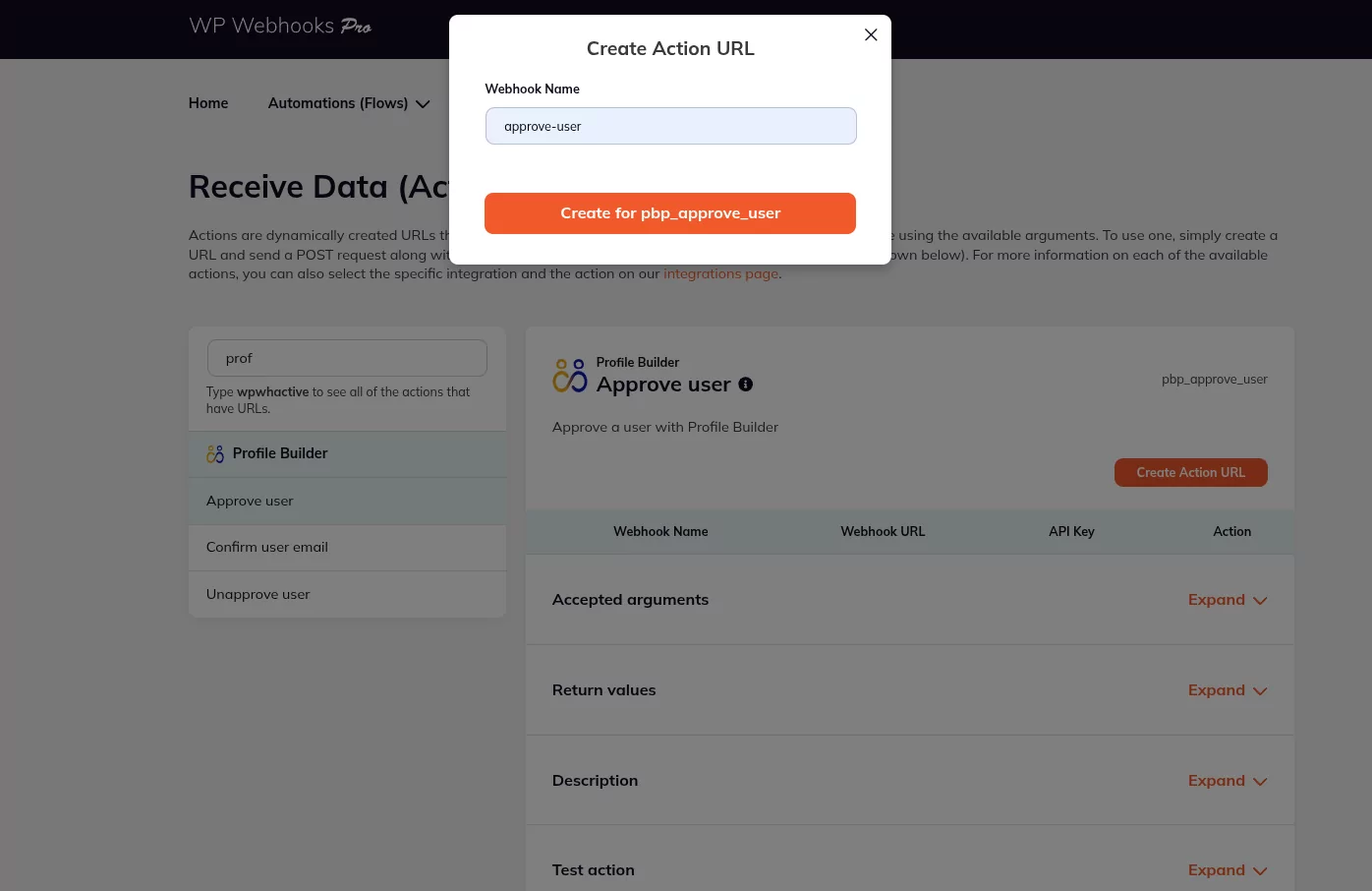 web-hooks receive data create action url