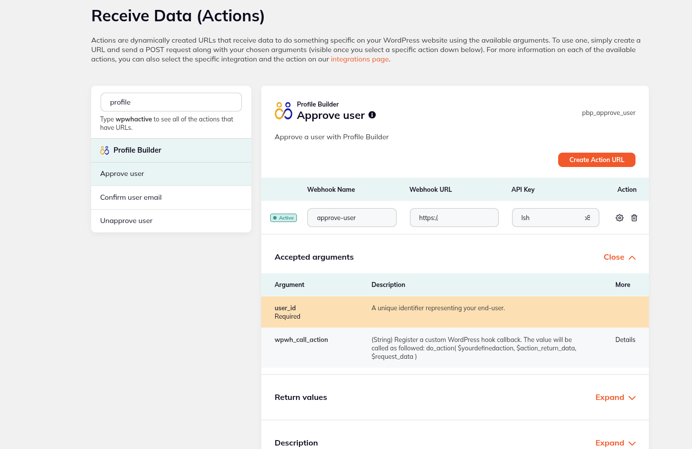 webhooks action accepted arguments