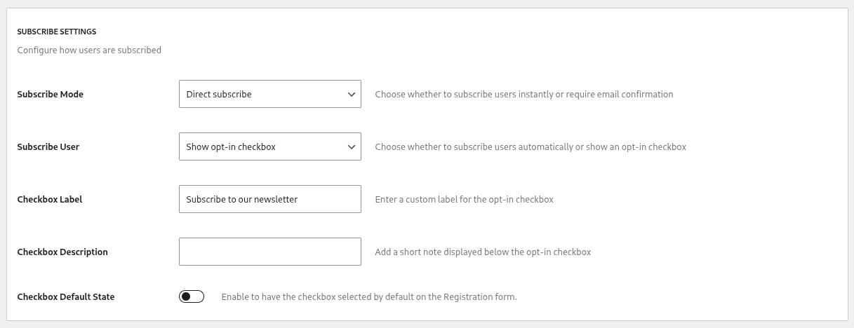 email marketing subscribe settings show checkbox