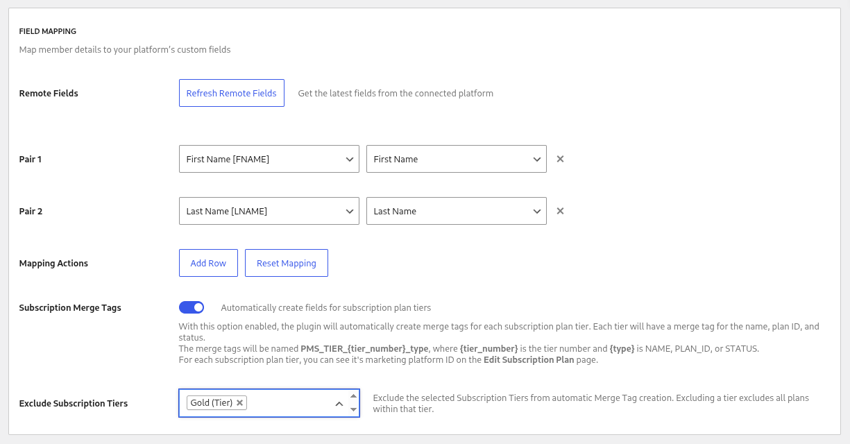 email marketing field mapping exclude subscription tiers