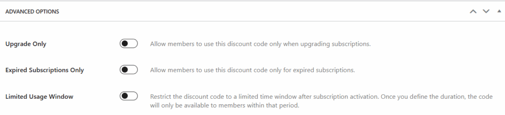 discount code advanced options for membership plans