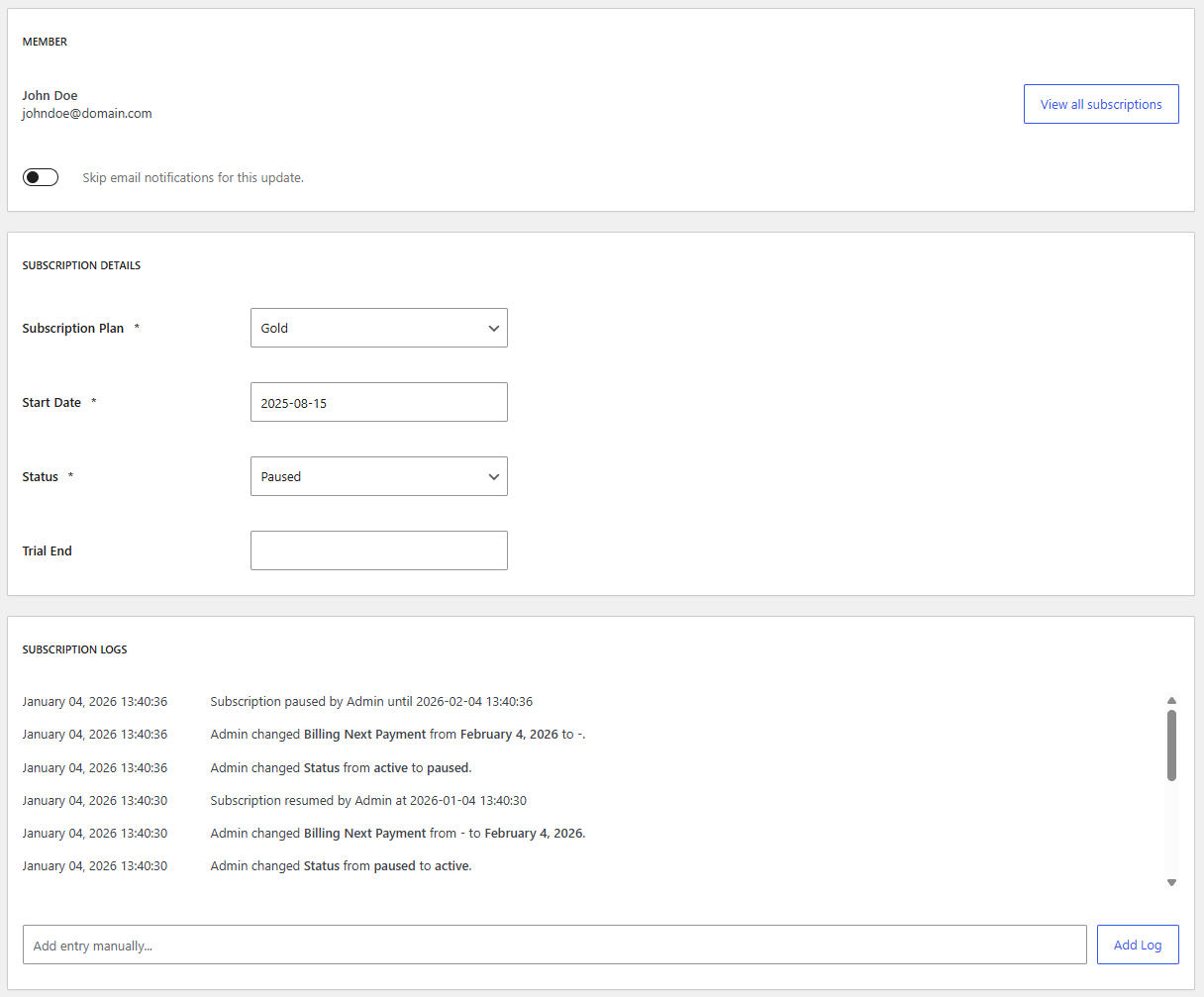 Back-end Edit Member page